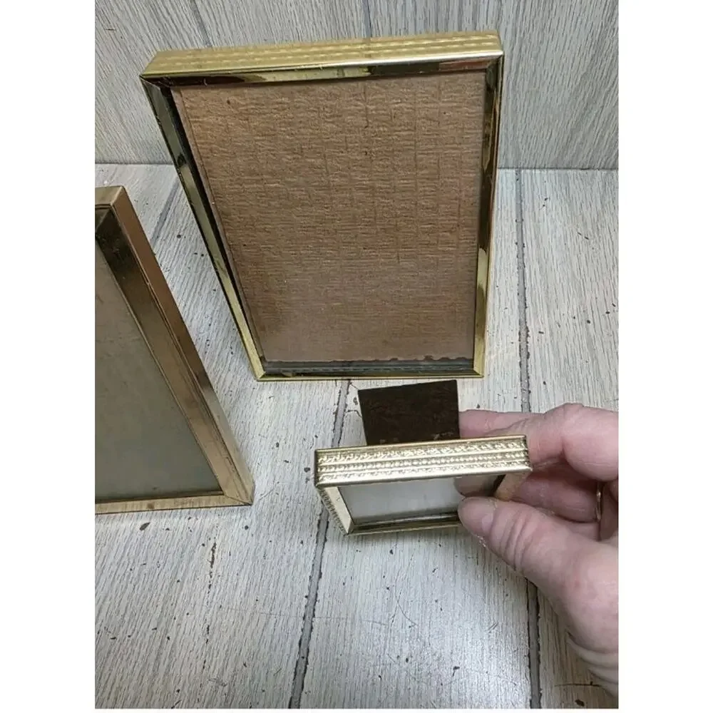 Vintage MCM Metal Brass Picture Frames Freestanding Wall Hanging Gold Set Of 3